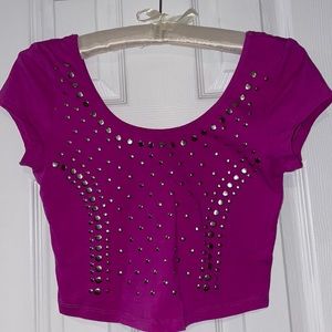 Magenta Studded Short Sleeve Crop Top
